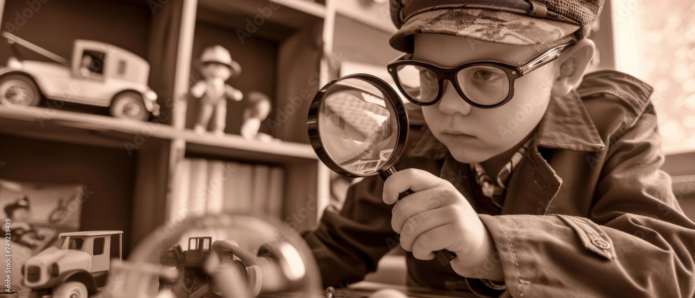 Young Detective Vintage Look, Magnifying glass toy inspection, Sepia mystery - obrazy, fototapety, plakaty 