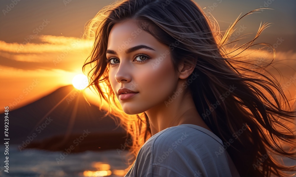 Close up portrait of beautiful young woman on sunset background. Ecology and environment concept	