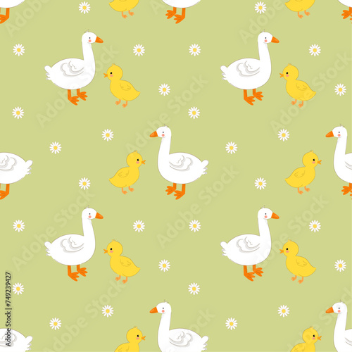 Seamless pattern with ducks  duckling and flowers. Kids vector illustration  cartoon  flat style.