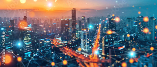 Smart City Skyline Drone, Technology integration aerial view, Urban planning future
