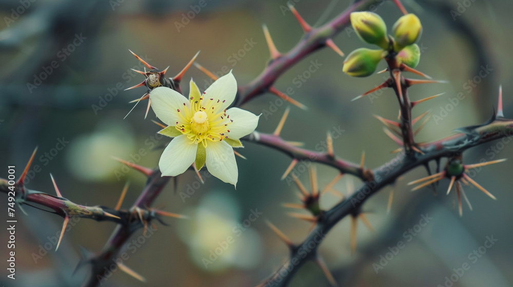 The delicate blossoms of a flower emerging amidst a thicket of thorns, offering a poignant reminder of beauty and resilience in the face of adversity.