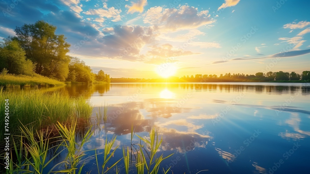 sunset reflection, blue sky and yellow sunlight at coast of the lake sunset reflection, blue sky and yellow sunlight at coast of the lake