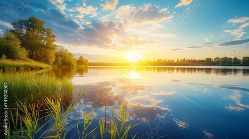 sunset reflection, blue sky and yellow sunlight at coast of the lake