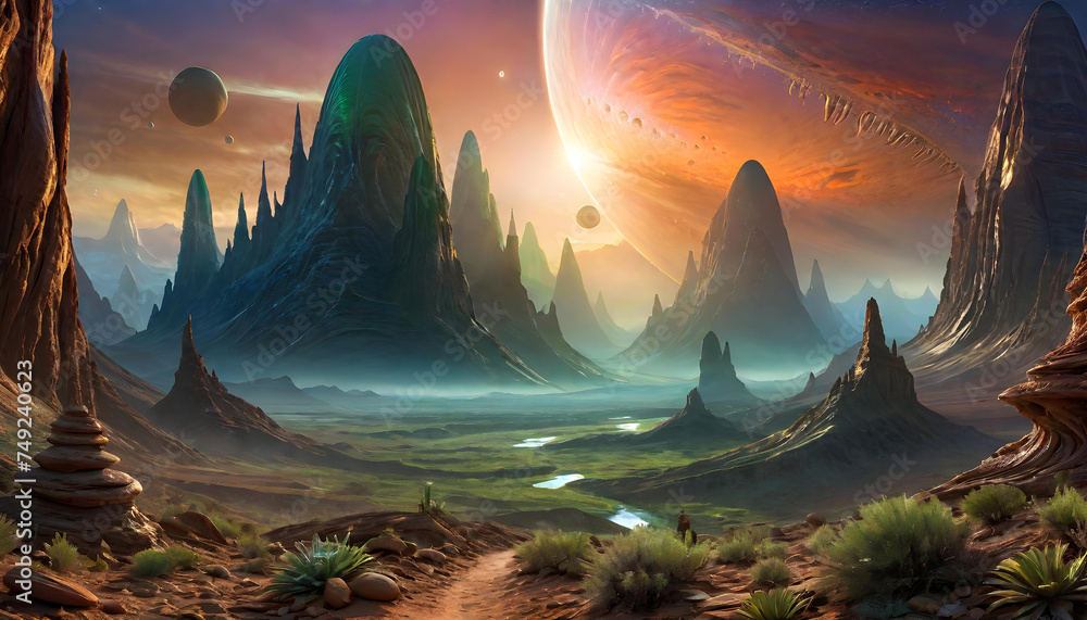 Alien Landscape, Extraterrestrial, Sci-Fi, Space, Fantasy, Otherworldly, Science Fiction, Planetary, Futuristic, Surreal, Unknown, Strange, Outer Space, Unearthly, AI Generated