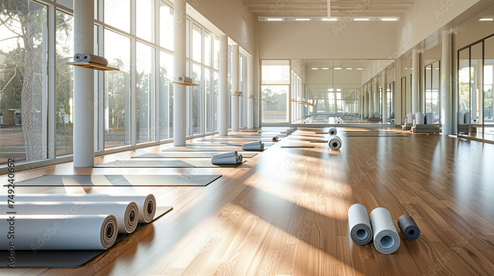 Bright and Airy Yoga Studio with Neatly Rolled Mats - obrazy, fototapety, plakaty 