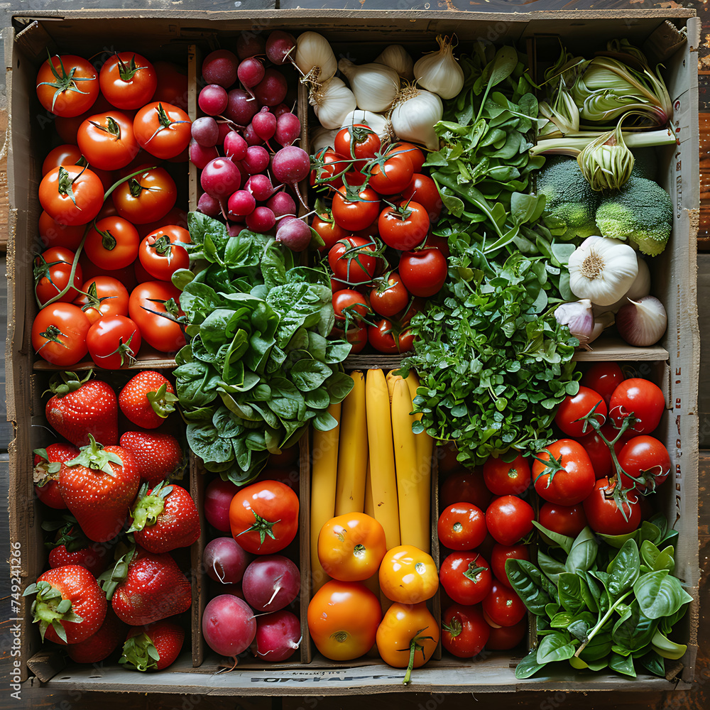A stylish food box overflowing with fresh produce, highlighting the beauty and abundance of sustainable eating choices