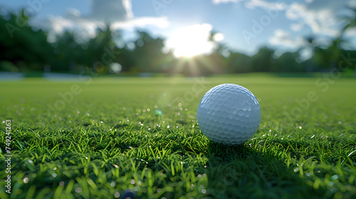 A golf ball sits on a grassy hill with a blue sky in the background.