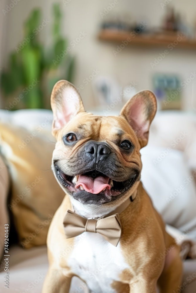 Smiling French Bulldog Wearing a Bow Tie Poses Indoors