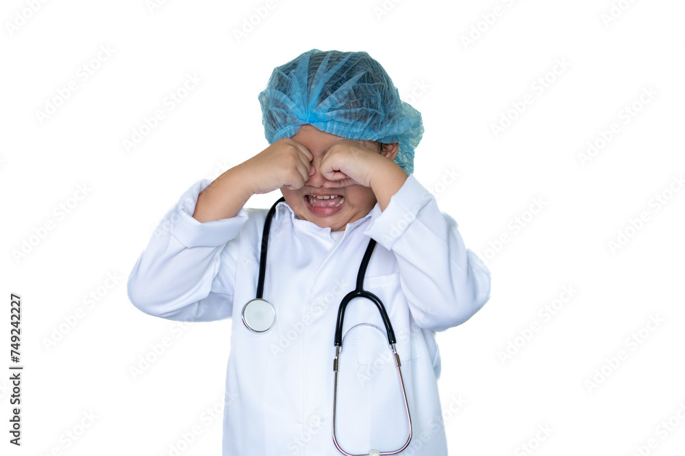 Cute little girl asian doctor uniform , stethoscope with cry. Cute little girl asian doctor uniform , stethoscope with cry.