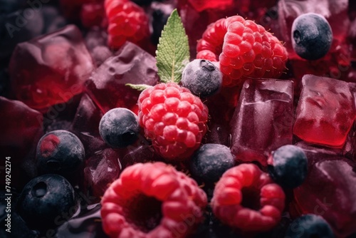 Close-up of mixed berries with ice cubes and mint leaf.