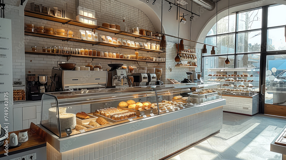 A nice bakery, industrial design, modern and bright. Generative AI.