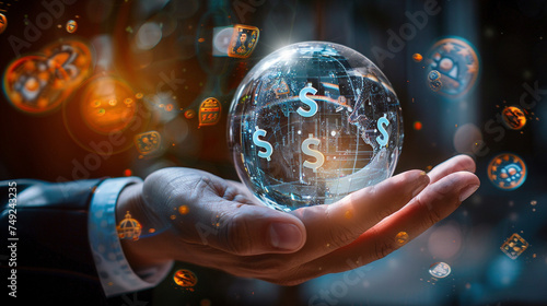 Businessman s Hand Holding Crystal Globe with Floating Currency Symbols