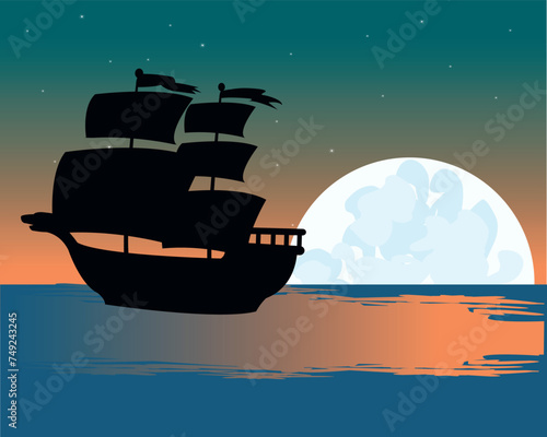 Silhouette sailing ship on background of the moon night