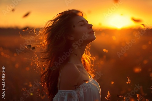 Freedom And Healthy Concept - Beautiful Young Girl Against Sunset