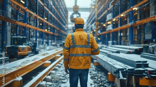 Construction Engineer Standing with Blurry Construction Works Background. Generative AI.