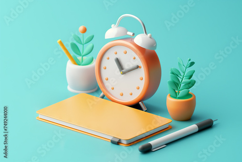Minimal Alarm clock on book and pen, symbolizes the time for education, work, or online lerning. 3d render illustration photo