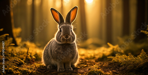 Gray rabbit in the woods, portrait, warm colors, ai generated