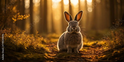 Gray rabbit in the woods, portrait, warm colors, ai generated
