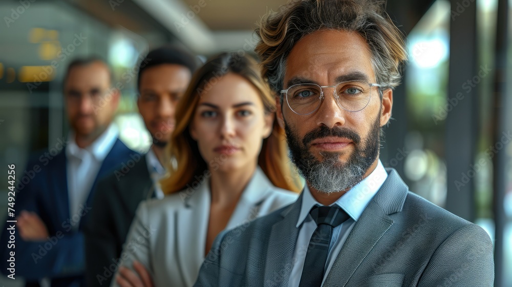 Group of business people wearing suits, men and women, they are all looking at the camera, technological background. Generative AI. Group of business people wearing suits, men and women, they are all looking at the camera, technological background. Generative AI.