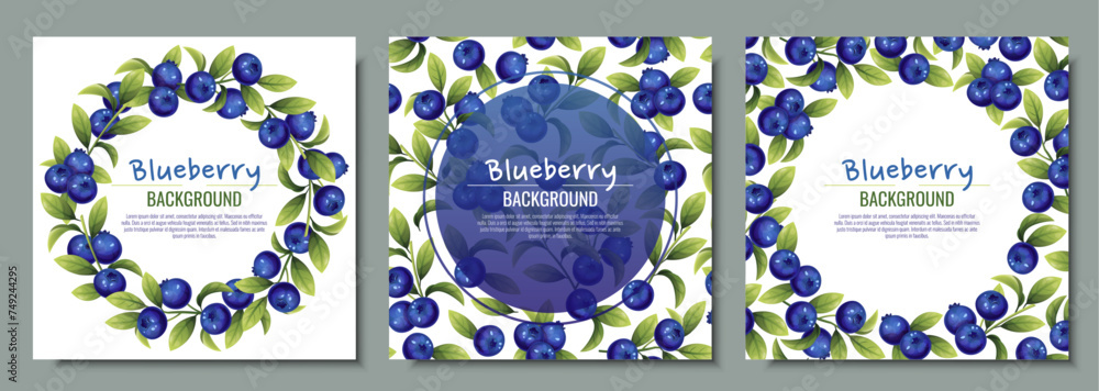 Set of cards with blueberries and green leaves. Frame, background with wild berries.