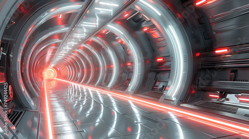 Inside the future space station, red laser, 3D. Generative AI.
