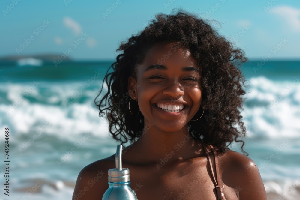 An African American woman smiles as she holds a water bottle while ...