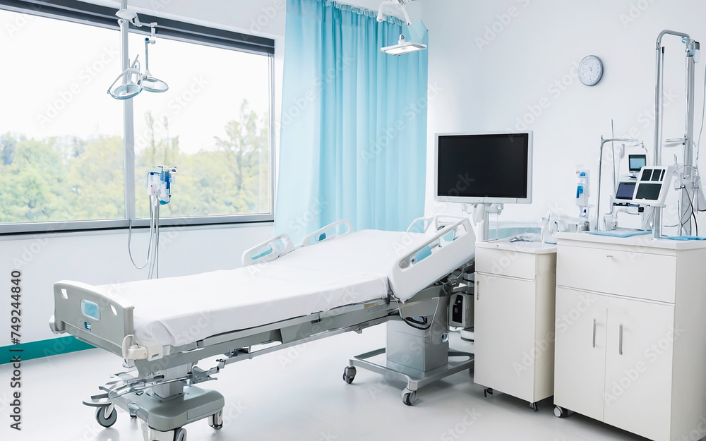 Empty modern hospital room with medical equipment Empty modern hospital room with medical equipment