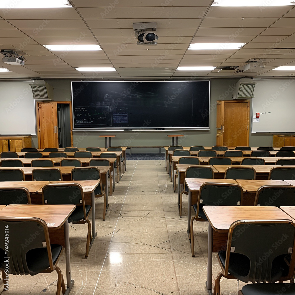 Fototapeta premium Classroom with Empty Desks and Chairs Awaiting Students
