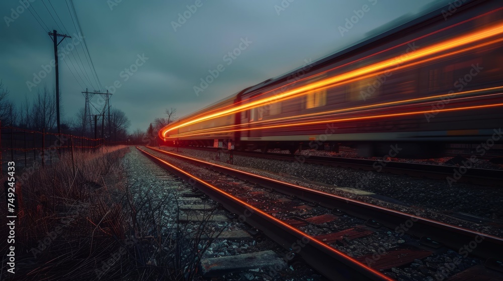 Long exposure of a high-speed train passing through a rural landscape at twilight.