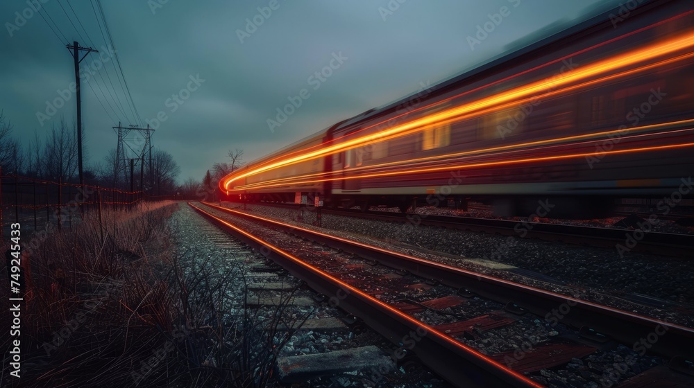 Long exposure of a high-speed train passing through a rural landscape at twilight. Long exposure of a high-speed train passing through a rural landscape at twilight.