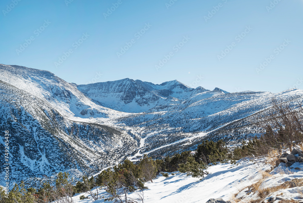 Beautiful Winter Mountain Landscape with Ski Slope .Borovets Resort ,Rila Mountain ,Bulgaria 