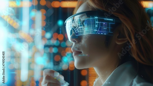 Financial analysts woman use augmented reality (AR) glasses to overlay financial data and charts onto their real-world view. The AR interface could display interactive data points. Generative AI.