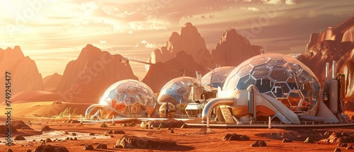A space station with three domes is shown in a desert setting