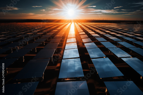 Sunset over solar farm: Ending the day with sustainable energy. © Sunday Art Creative