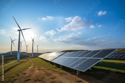 Solar and wind farms unite for sustainable energy future.