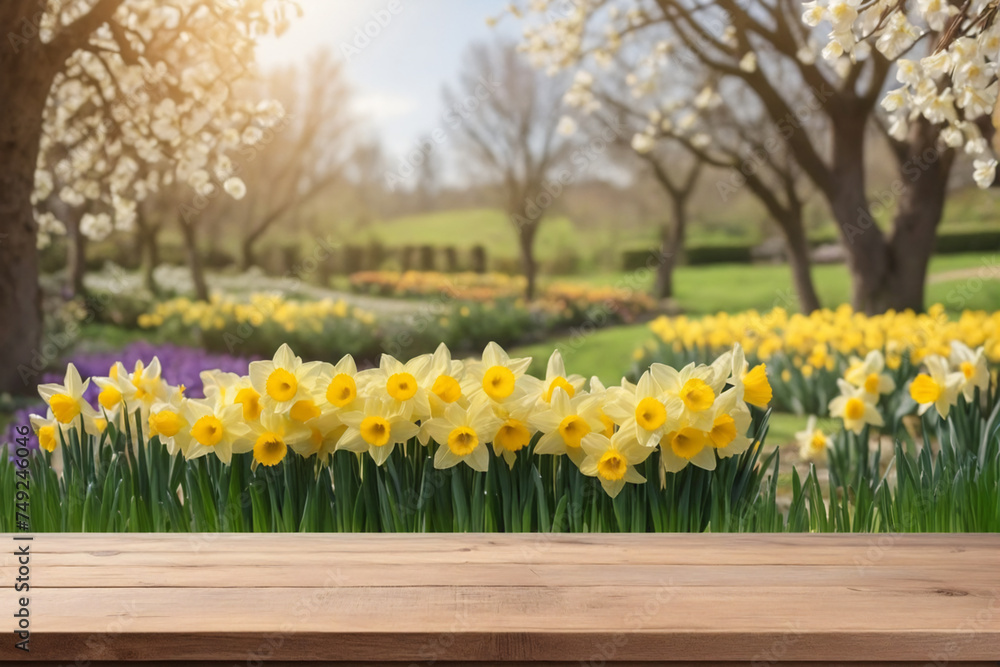 Empty wooden table for product display with daffodil garden background