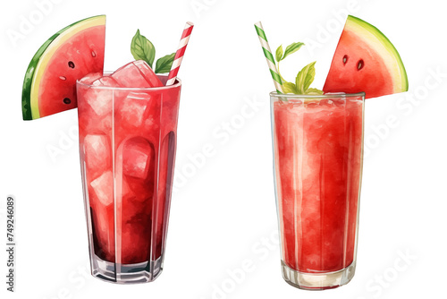 set of two cliparts of watermelon juice / smoothie in a glass, watercolor illustration clipart on transparent background, summer cold drinks