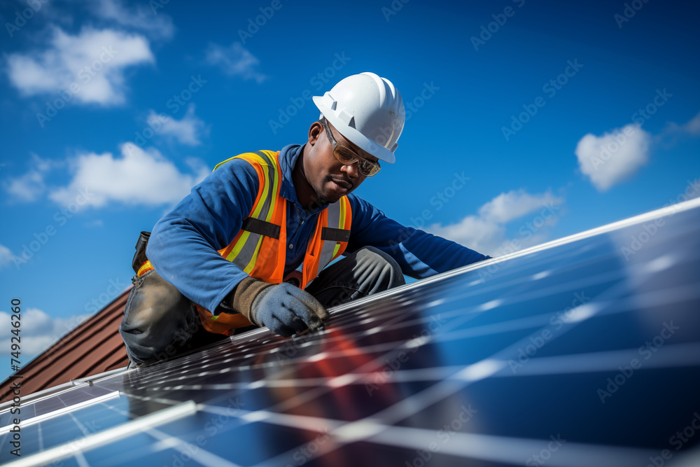Skilled solar technician carefully installs photovoltaic panels, a vital role in advancing renewable energy under a sunlit blue sky. Skilled solar technician carefully installs photovoltaic panels, a vital role in advancing renewable energy under a sunlit blue sky.