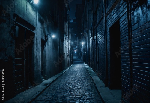 dark alley at night with lights, blue hue