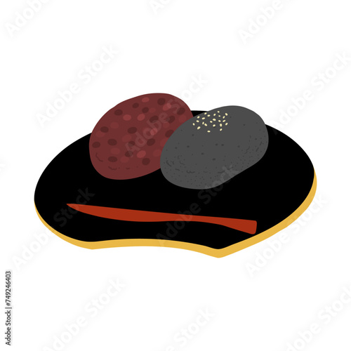 おはぎ(黒ごま& つぶあん)の手描きカラーイラストアイコン