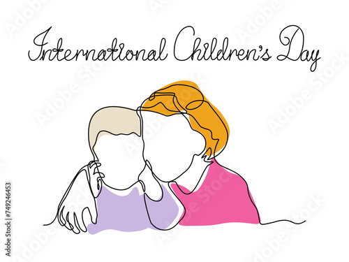 International Children's Day.  Abstract boy and girl, brother and sister, siblings,continuous single line art drawing sketch