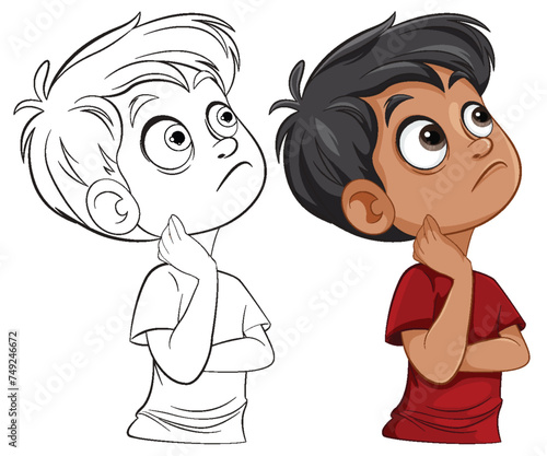 Two cartoon boys thinking, looking upwards, puzzled.