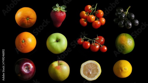 Photo realistic image of delicious ripe fruits. Set collection  isolated on black background. Generative ai