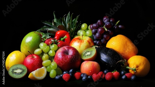 Photo realistic image of delicious ripe fruits. Set collection  isolated on black background. Generative ai