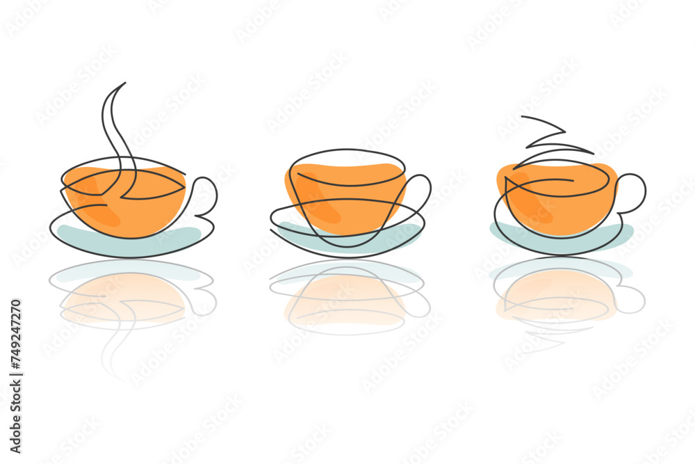 Line art, a set of contour coffee cups with the addition of color. Sketch, vector