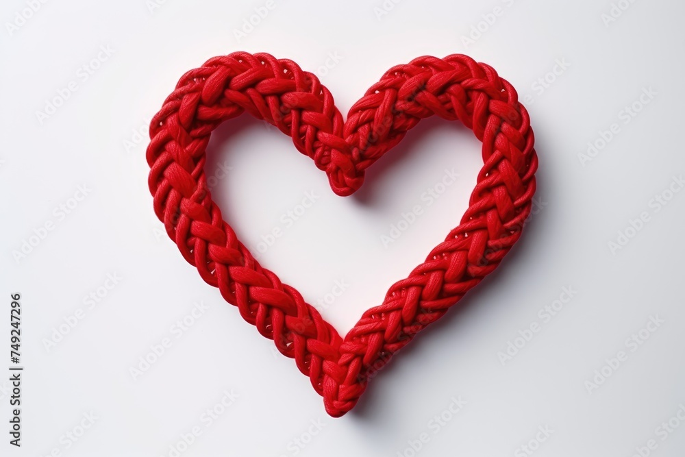 An intricately braided heart-shaped rope in vibrant red, presented open on a pure white background. Open Red Braided Heart on White Background An intricately braided heart-shaped rope in vibrant red, presented open on a pure white background. Open Red Braided Heart on White Background