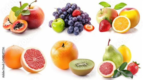 Photo realistic image of delicious ripe fruits. Set collection  isolated on white background. Generative ai