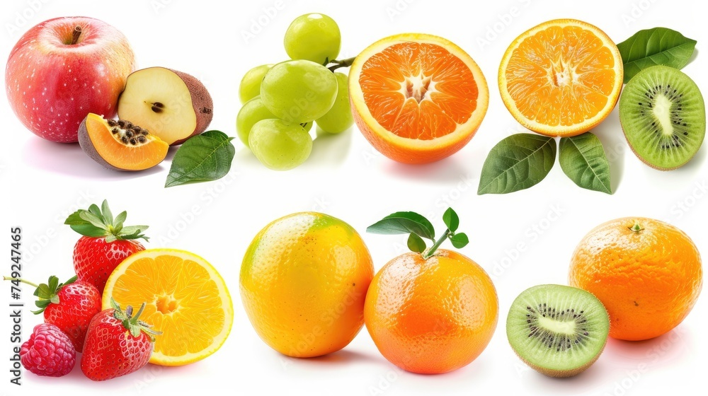 Photo realistic image of delicious ripe fruits. Set collection, isolated on white background. Generative ai
