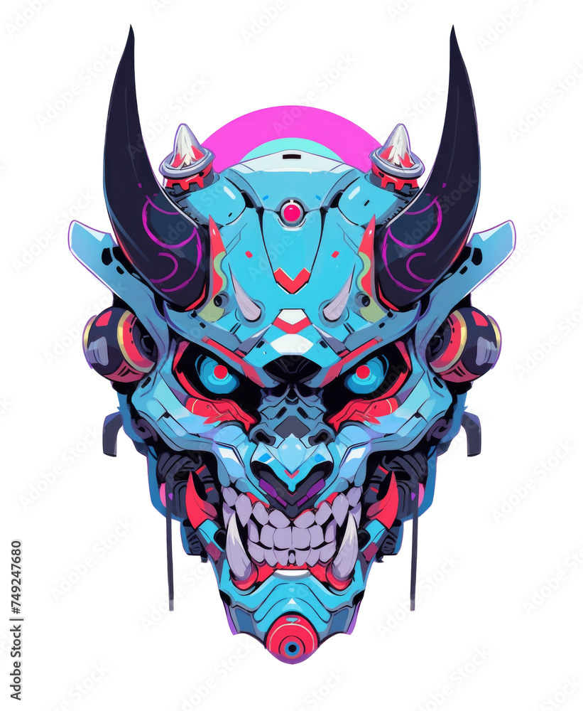 Horned demon head mascot illustration for t-shirt apparel print or sticker design, futuristic style isolated background Horned demon head mascot illustration for t-shirt apparel print or sticker design, futuristic style isolated background