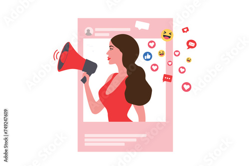 Woman shouting in loud speaker with social media icons. Influencer social media marketing, vlogger, youtuber, social influencer and influencer marketing concept vector illustration